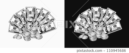 Black and white composition with US 100 dollar bills fan with stacks of coins, dollar sign. Cash money. Concept of success and luck. Illustration on black, white background. 110945686