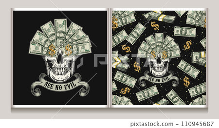 Seamless pattern, label with skull, money, pile of 100 dollar bills, dollar sign. Creative interpretation of Three wise monkeys concept. Text See no evil, mouth full of cash. Corruption concept 110945687