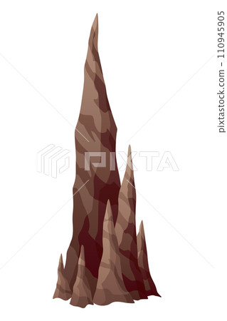 Stalagmite. Icicle shaped upward growing mineral formations in cave. Nature brown limestone, material stone icon. Natural growth geology formations 110945905