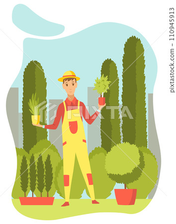 Urban gardening, person who takes care of plants. Ecological and sustainable green lifestyle. Urban environment concept. City parks element for advertising flyer. Vector illustration 110945913