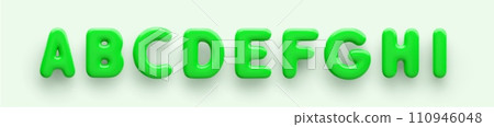 3D Green uppercase letters A, B, C, D, E, F, G, H and I  with a glossy surface on a light background. 110946048