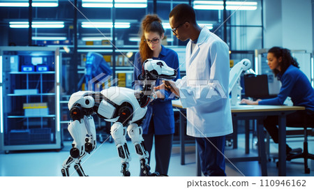 AI-generated content. Man and Woman Standing in Front of Robot 110946162