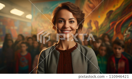 AI-generated content. a happy young kind teacher standing in the art interior, against the blurred backdrop of children 110946421