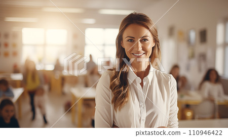 AI-generated content. Portrait of a smiling woman kind teacher standing in the white classroom, against backdrop of children 110946422