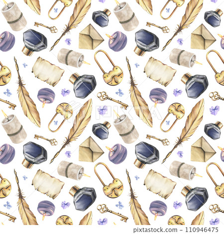 Writing supplies: papyrus paper, craft envelope, gold pen, ink in a glass jar, candles, key with lock, flowers. Hand drawn watercolor illustration. Seamless pattern on a white background. 110946475