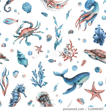 Underwater world clipart with sea animals whale, turtle, octopus, seahorse, starfish, shells, coral and algae. Hand drawn watercolor illustration. Seamless pattern on a white background. 110946487