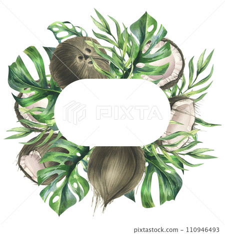 Coconuts whole, halves and pieces with bright, green, tropical palm leaves. Hand drawn watercolor illustration. Wreath, frame, template isolated from the background. Coconuts whole, halves and pieces with bright, green, tropical palm leaves. Hand drawn watercolor illustration. Wreath, frame, template isolated from the background. 110946493