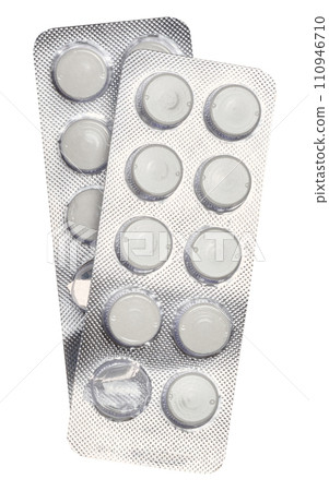 Blister pack with round pills on a white isolated background, top view Blister pack with round pills on a white isolated background, top view 110946710