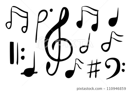 Notes vector set. Hand drawn illustration with Music Key on isolated background. Drawing of silhouettes painted by black inks for icon or logo. Collection of elements for classic symphony. 110946859
