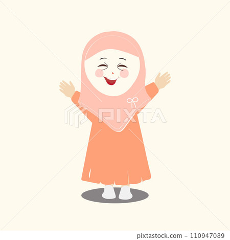 Muslim kid, little girl ramadan cartoon vector illustration. Cute female child in traditional clothes. Happy and smiling children character in hijab. Muslim girl in different action 110947089