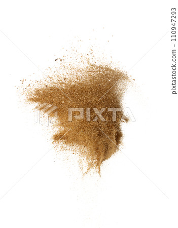 Sand Storm desert with wind blow spin swirl around. Golden Yellow sand tornado storm with high wind. Fine Sand circle around, White background Isolated throwing particle element object 110947293