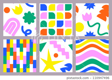 Naive playful abstract shapes in trendy Brutal style seamless pattern set. Minimalistic Swiss design. Geometric Bauhaus print for poster, T-shirt. Vector illustration. Vector illustration Naive playful abstract shapes in trendy Brutal style seamless pattern set. Minimalistic Swiss design. Geometric Bauhaus print for poster, T-shirt. Vector illustration. Vector illustration 110947496