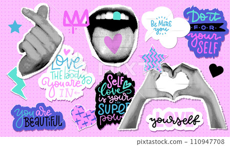 y2k neon Collage stickers set with hand showing love gestures in halftone effect style. Cut out paper pieces with self love quotes. The hand holds gesturing heart sign. Vector 90s illustration 110947708