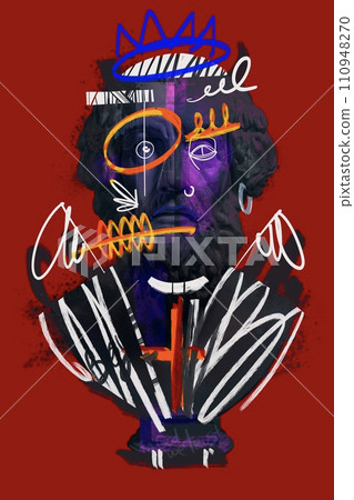 Classical statue bust with vibrant, abstract graffiti elements, doodles on deep red background. Modern aesthetics. Cultural events, art festivals on fusion art 110948270