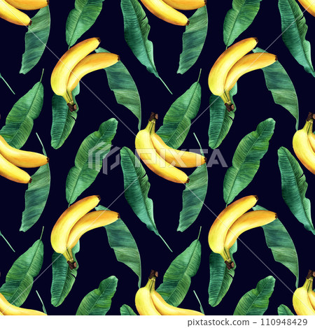 Watercolor seamless pattern with banana tree leaves and yellow fruit, berry banana. Hand drawn illustration. For wrapping wallpaper fabric textile. 110948429