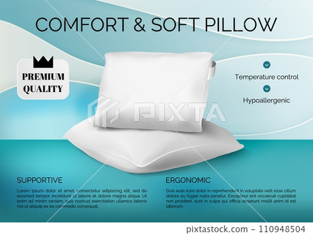 Realistic pillow. Comfort and soft 3D cushion. Premium quality. Bedroom accessory. Comfortable hypoallergenic orthopedic bedding. Advertising banner template, copy space for text. Vector illustration 110948504