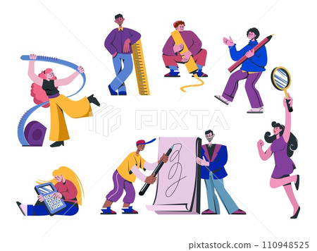 People with stationery. Happy persons holding pens and rulers. Designer education. Man and woman writing notes in giant notebook. Big pencil and highlighter. Calculator in hands. Vector concepts set 110948525