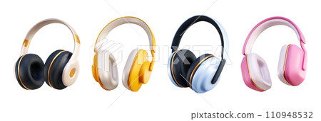 Headset. Mic ear, wire DJ microphone, music headphone, audio electronic gadget, volume wireless accessory, lounge sound, club instrument concert, render isolated cute elements. Vector 3d illustration 110948532