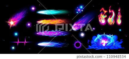 Speed effect. Magic cartoon VFX. Comic line blaster shot. Bomb boom smoke. Flash lightning motion. Energy animation. Game spell light. Fire flame. Purple and green laser. Fantasy elements vector set Speed effect. Magic cartoon VFX. Comic line blaster shot. Bomb boom smoke. Flash lightning motion. Energy animation. Game spell light. Fire flame. Purple and green laser. Fantasy elements vector set 110948534
