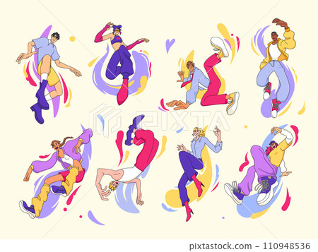People jumps. Young cartoon characters. Excited men or women pose. Persons energy. Bouncing or flying guy. Joyful girls flight. Creative human creator. Abstract color splash. Vector illustrations set 110948536