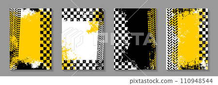 Race car track. Flag sport racing. Road checker frame. Rally speed drive. Formula competition finish stripe. Auto tire wheel print. Tyre drift. Street dirt. Grunge banners set. Vector tidy backgrounds Race car track. Flag sport racing. Road checker frame. Rally speed drive. Formula competition finish stripe. Auto tire wheel print. Tyre drift. Street dirt. Grunge banners set. Vector tidy backgrounds 110948544