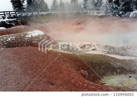 Winter Snowing Geothermal Pool Yellowstone Winter Snowing Geothermal Pool Yellowstone 110948883