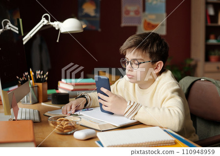 Boy looking through online information 110948959