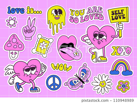 Trendy groovy valentines day sticker set with heart characters. Retro valentines day. Neon 90s aesthetics. Vintage comic vector. 110948989