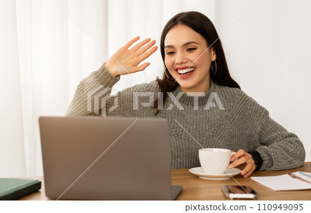 Friendly young woman business consultant have online meeting with client 110949095