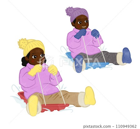 可愛的男孩和女孩玩雪橇的插圖集 02 可愛的男孩和女孩玩雪橇的插圖集 02 110949362