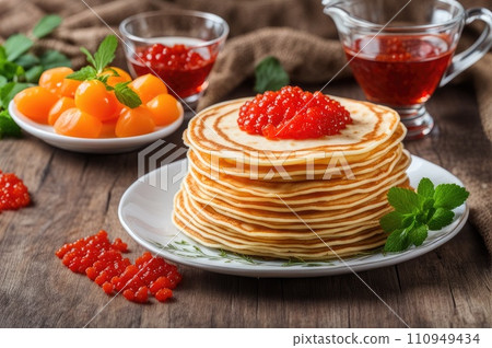 stack of very thin pancakes. traditional for Russian pancake week. Shrove tide stack of very thin pancakes. traditional for Russian pancake week. Shrove tide 110949434