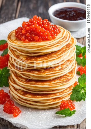 stack of very thin pancakes. traditional for Russian pancake week. Shrove tide 110949436