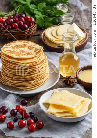 stack of very thin pancakes. traditional for Russian pancake week. Shrove tide stack of very thin pancakes. traditional for Russian pancake week. Shrove tide 110949438