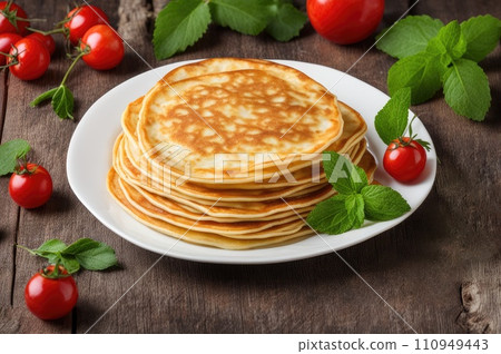 stack of very thin pancakes. traditional for Russian pancake week. Shrove tide 110949443