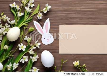 Fresh Spring flowers with Easter Eggs on Wood 110949500