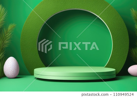 Bright Easter Podium with Flowers and Eggs 110949524
