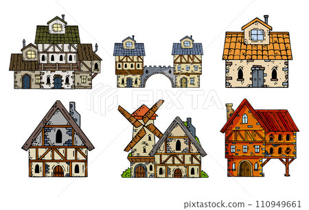Medieval house. Village building. Old house with chimney. Sketch image of vintage european street Medieval house. Village building. Old house with chimney. Sketch image of vintage european street 110949661