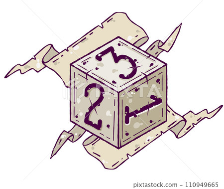 Dice d6 for playing tabletop board game. Cartoon outline drawn illustration. Fantasy art sticker, adventure boardgame, roleplaying decoration with paper ribbon with copy space for text 110949665