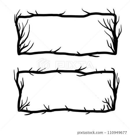 Tree frame, floral horizontal border. Plant and twig decoration isolated on white background. Black outline silhouette. Decorative vintage scary element. Dark forest concept. 110949677