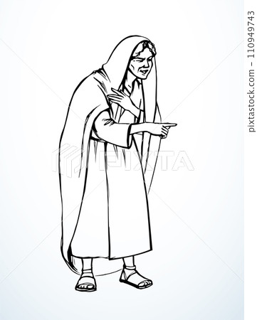 Vector drawing. Ancient woman standing and showing Vector drawing. Ancient woman standing and showing 110949743