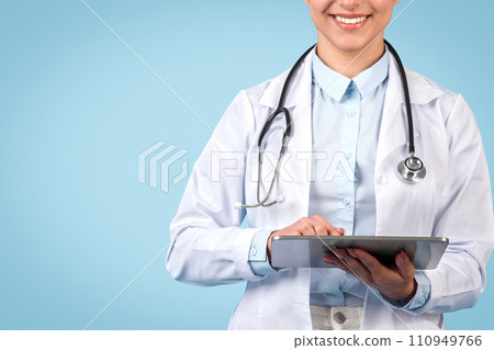 Female medic with electronic device for health info 110949766
