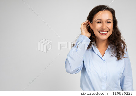 Cheerful millennial caucasian lady manager, teacher in formal wear look at camera Cheerful millennial caucasian lady manager, teacher in formal wear look at camera 110950225