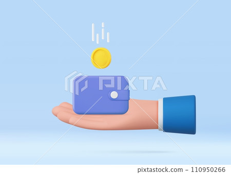 3D Hand holding wallet, coin stack. 3D Hand holding wallet, coin stack. 110950266