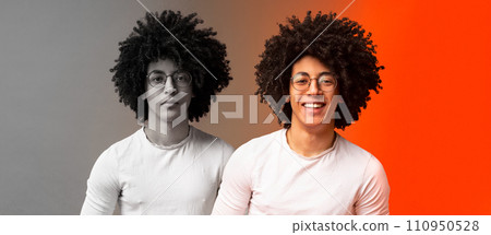 Depression In Young People. Millennial Black Guy Suffering Mood Swings, Collage Depression In Young People. Millennial Black Guy Suffering Mood Swings, Collage 110950528