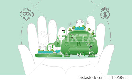 ESG policy Electric Vehicle in hands. Carbon credit calculate from reduce carbon footprint and carbon dioxide to Net Zero Goal in 2050. ESG policy Electric Vehicle in hands. Carbon credit calculate from reduce carbon footprint and carbon dioxide to Net Zero Goal in 2050. 110950623