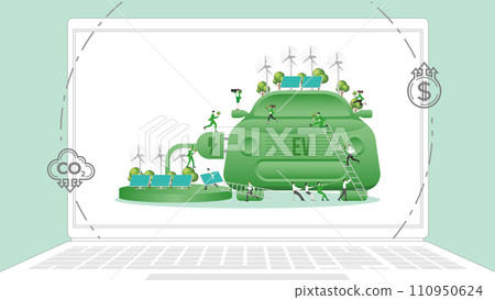ESG business policy Electric power Vehicle in laptop. Carbon credit calculate from reduce carbon footprint and carbon dioxide to net zero goal in 2050. ESG business policy Electric power Vehicle in laptop. Carbon credit calculate from reduce carbon footprint and carbon dioxide to net zero goal in 2050. 110950624