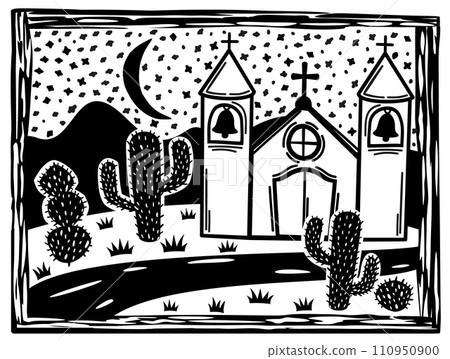 Brasilian cordel style. Landscape with church. Woodcut style. 110950900