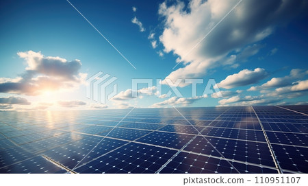AI-generated content. Alternative electricity source. Renewable energy. Solar panels reflect sparkling light from the sun. Generative AI 110951107