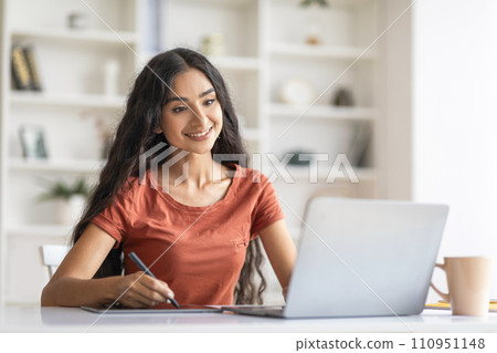 Positive Young Indian Woman Absorbed in Online Learning Session Positive Young Indian Woman Absorbed in Online Learning Session 110951148
