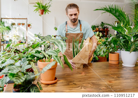 Handsome Caucasian man wearing apron wrapping a potted plant in paper with care in greenery at floral shop. Enjoying his job at cozy flower shop.. 110951217